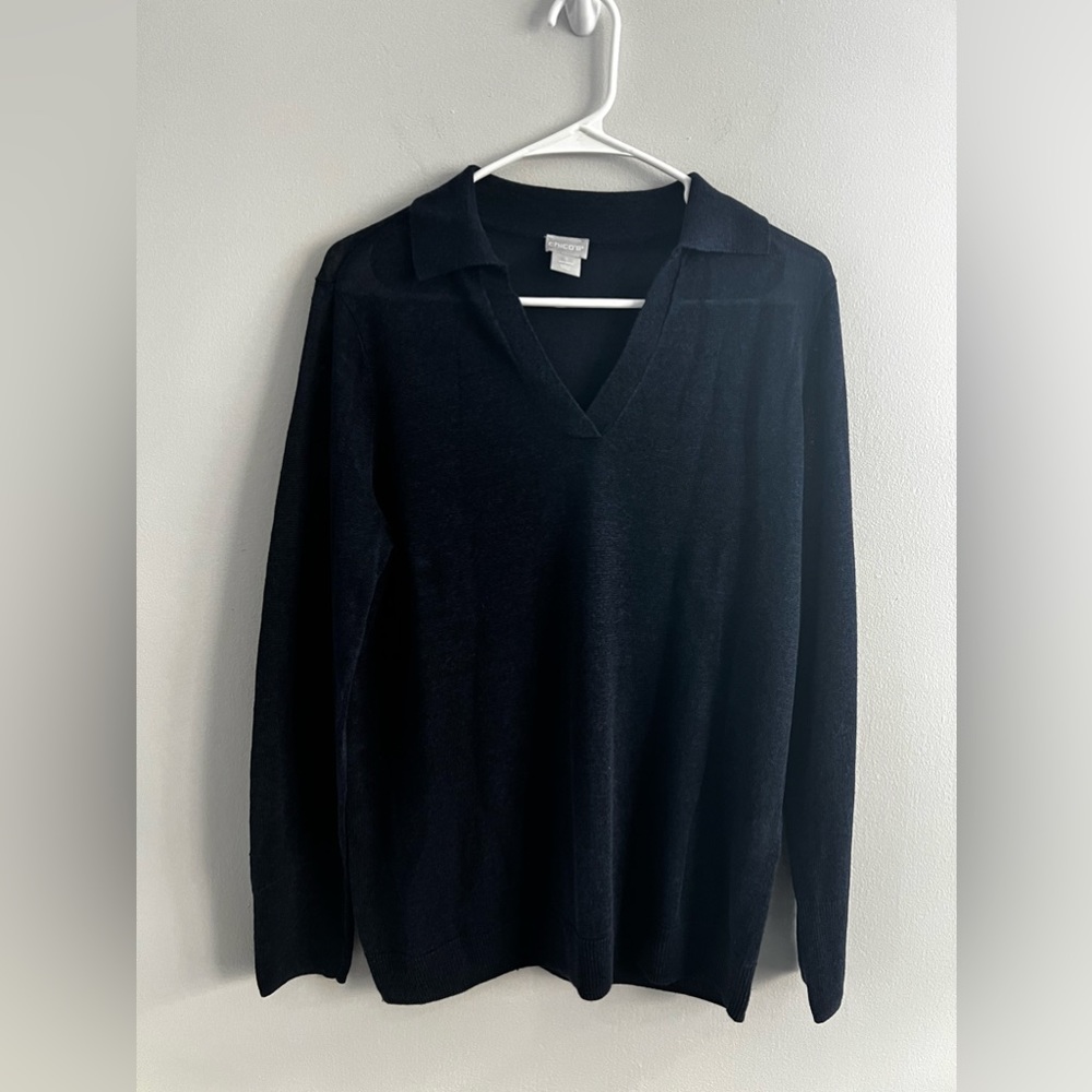 Chico’s pullover Polo Collar V-Neck sweater lightweight Navy Blue Size 1 US 8-10